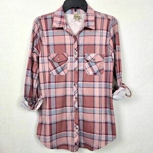 Como Vintage M Plaid Button Shirt Roll Tab Sleeves
